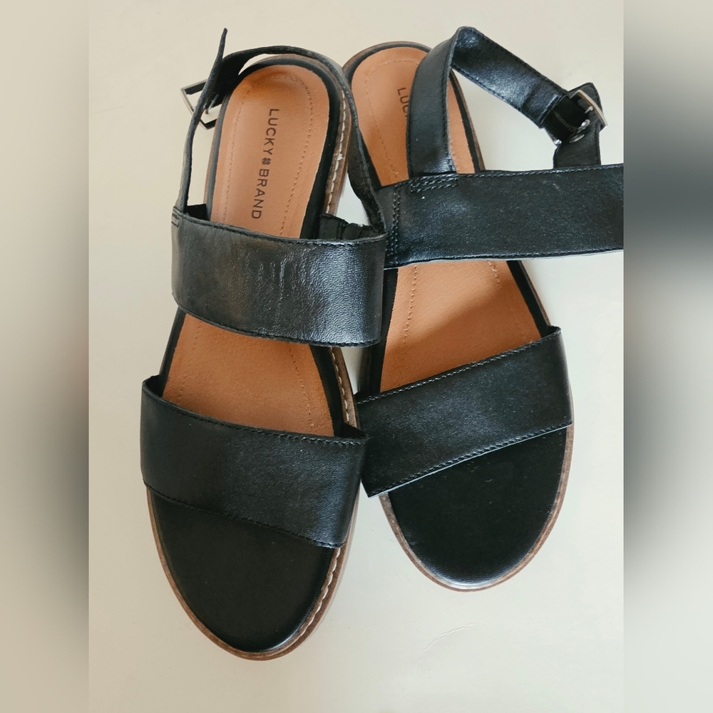 Lucky Brand Kaimana Black Leather Flat Sandals Women’s 8.5